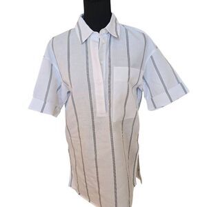 Lafayette 148 Womens Striped Textured Pocket Hi-low Shirt Blouse White Black XS